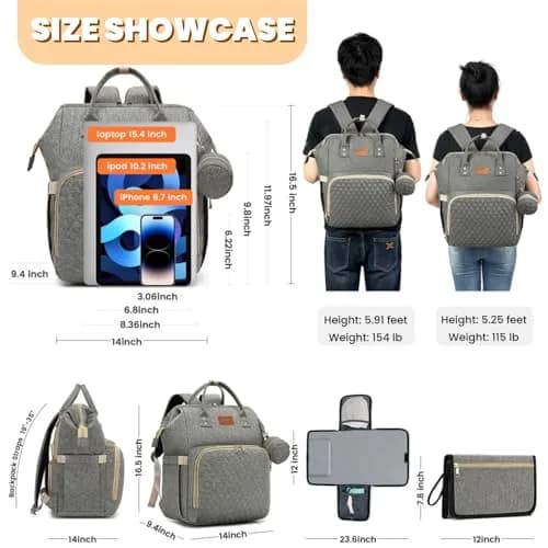ROSEGIN Large Capacity Diaper Backpack 35L (1.6 lbs) | Waterproof Quilted Travel Bag with Changing Pad & Insulated Pockets thumbnail 6