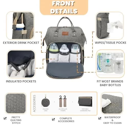 ROSEGIN Large Capacity Diaper Backpack 35L (1.6 lbs) | Waterproof Quilted Travel Bag with Changing Pad & Insulated Pockets thumbnail 3