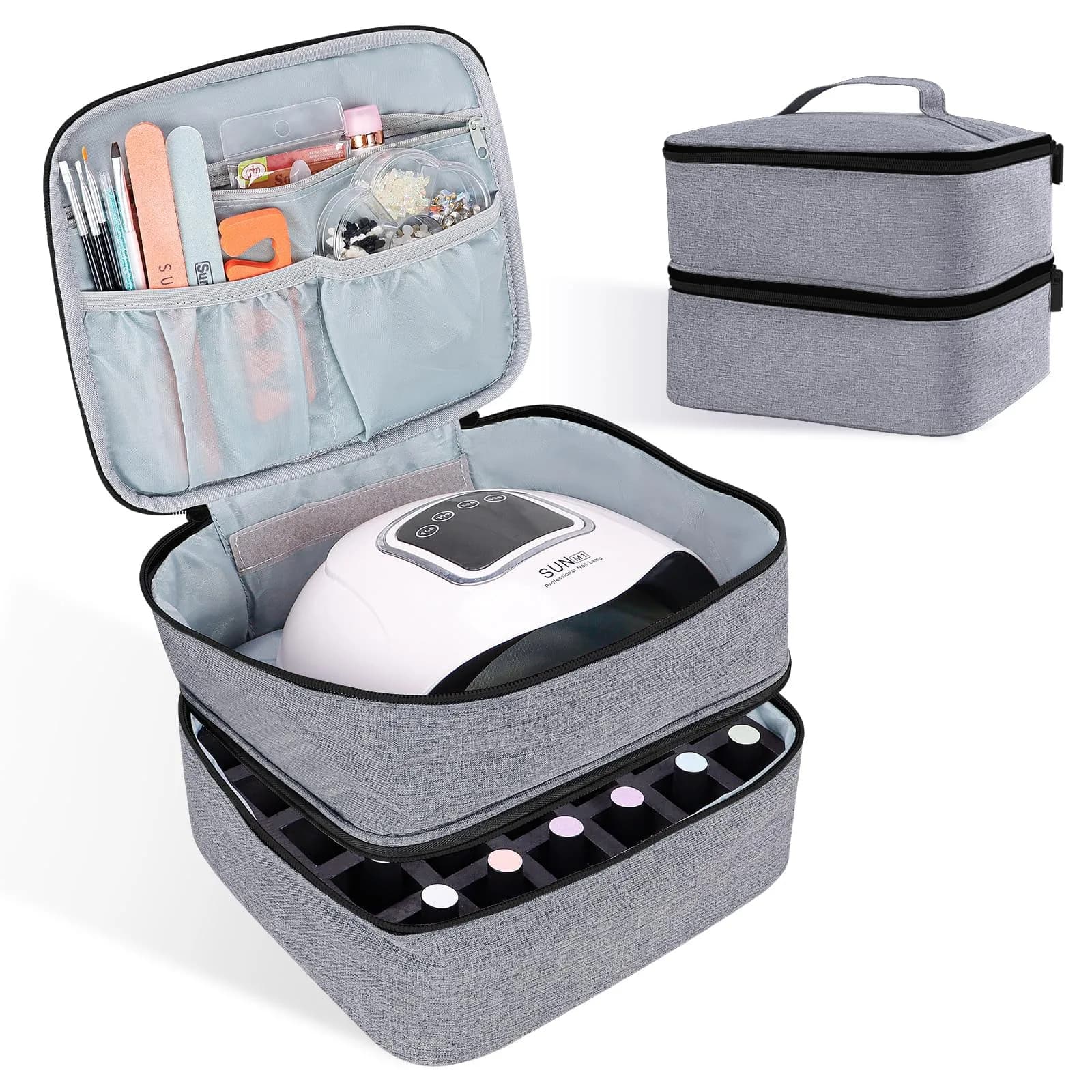 ALSLEA Gray Nail Polish Organizer Holds 30 Bottles | Double-Layer Travel Case with Padded Interior (10" x 8.3" x 7.2")