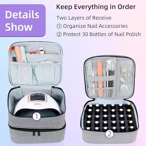 ALSLEA Gray Nail Polish Organizer Holds 30 Bottles | Double-Layer Travel Case with Padded Interior (10" x 8.3" x 7.2") thumbnail 4