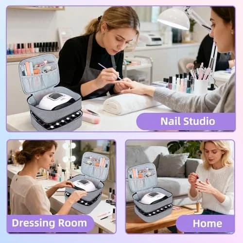ALSLEA Gray Nail Polish Organizer Holds 30 Bottles | Double-Layer Travel Case with Padded Interior (10" x 8.3" x 7.2") thumbnail 5