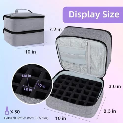 ALSLEA Gray Nail Polish Organizer Holds 30 Bottles | Double-Layer Travel Case with Padded Interior (10" x 8.3" x 7.2") thumbnail 7