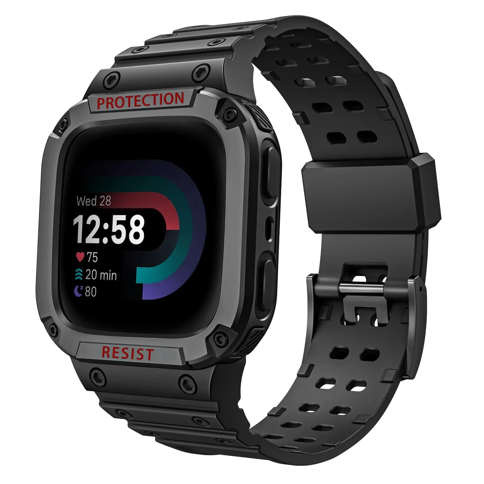 FINTIE Rugged Band with Case for Fitbit Versa 4/3/2/1/Lite & Sense 2, Black, 165mm-245mm (6.5-9.5 inch) — Black