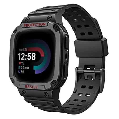 FINTIE Rugged Band with Case for Fitbit Versa 4/3/2/1/Lite & Sense 2, Black, 165mm-245mm (6.5-9.5 inch) - main product image