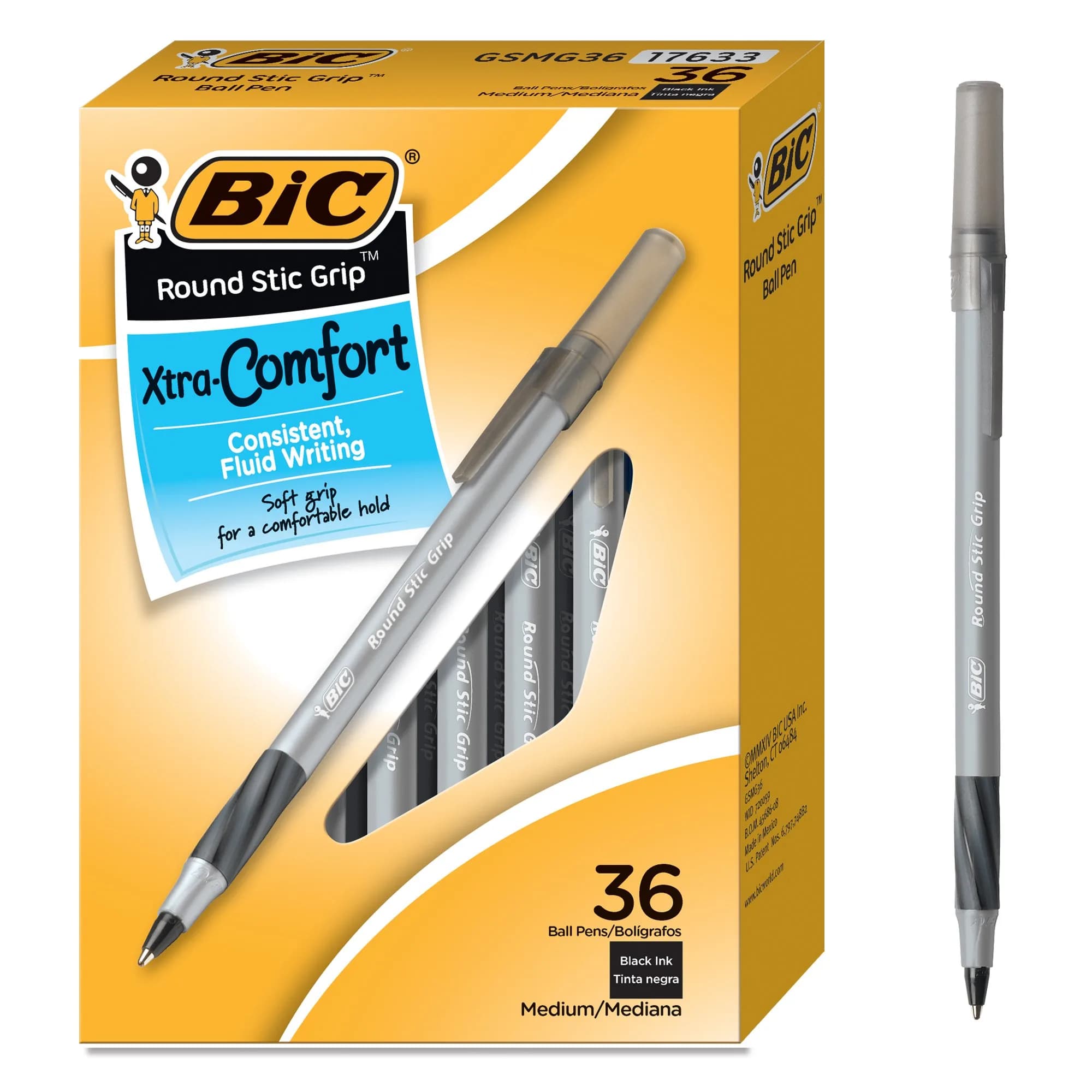 BIC Round Stic Grip Xtra Comfort Ballpoint Pens, Medium Point (1.2mm), Black, Soft Grip For Added Comfort And Control, 648 Count Total | Bulk Pack Writing Instrument — Black
