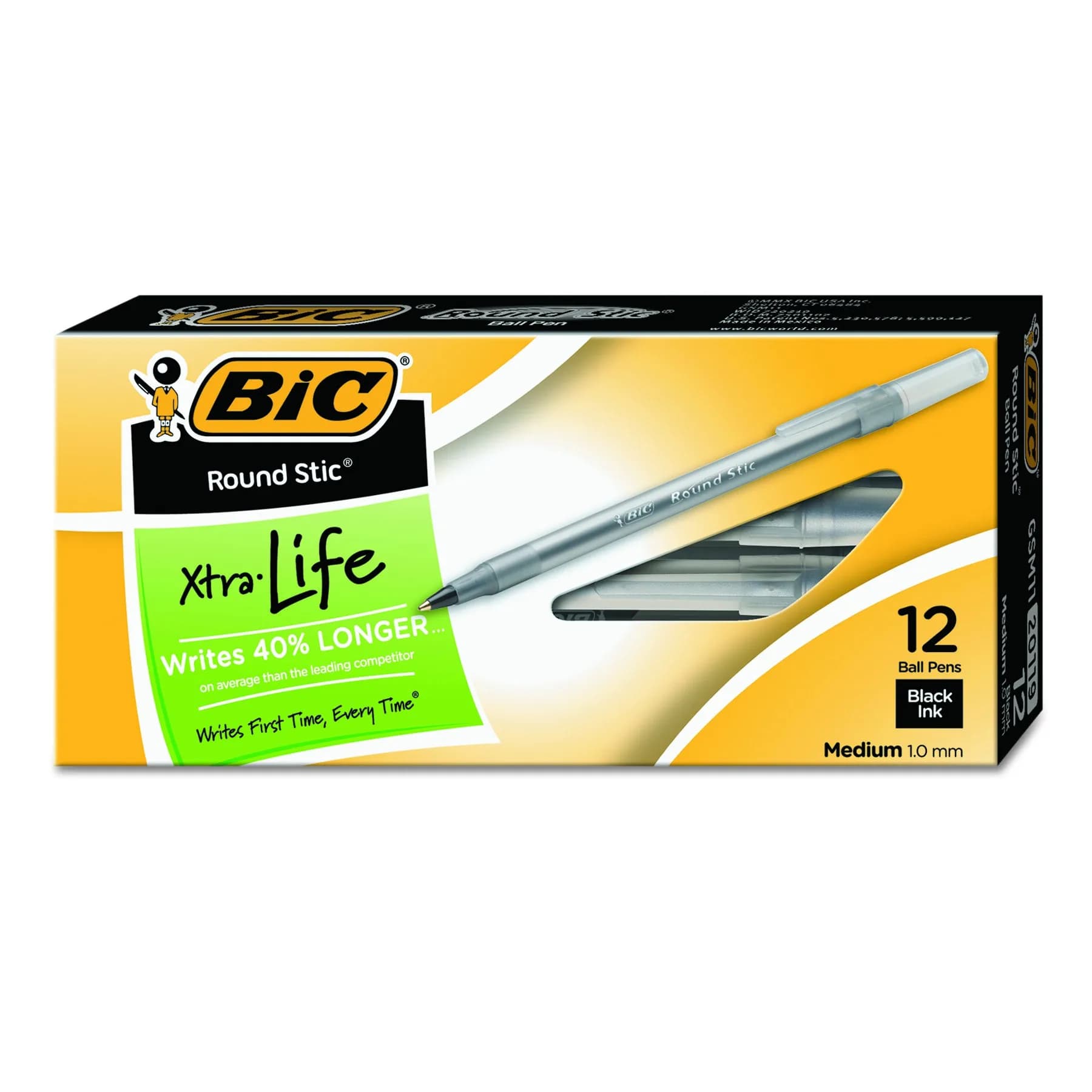 BIC Round Stic Xtra Life Ballpoint Pens, Medium Point 1.0mm, Black Ink, Pack of 36 (432 Count Total) - main product image