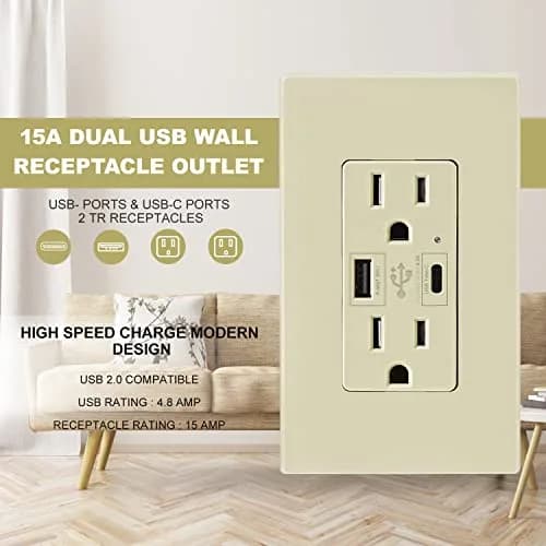 micmi Ivory USB Wall Outlet with C + A Ports | 15 Amp 125V, UL Listed, Fast Charging thumbnail 2