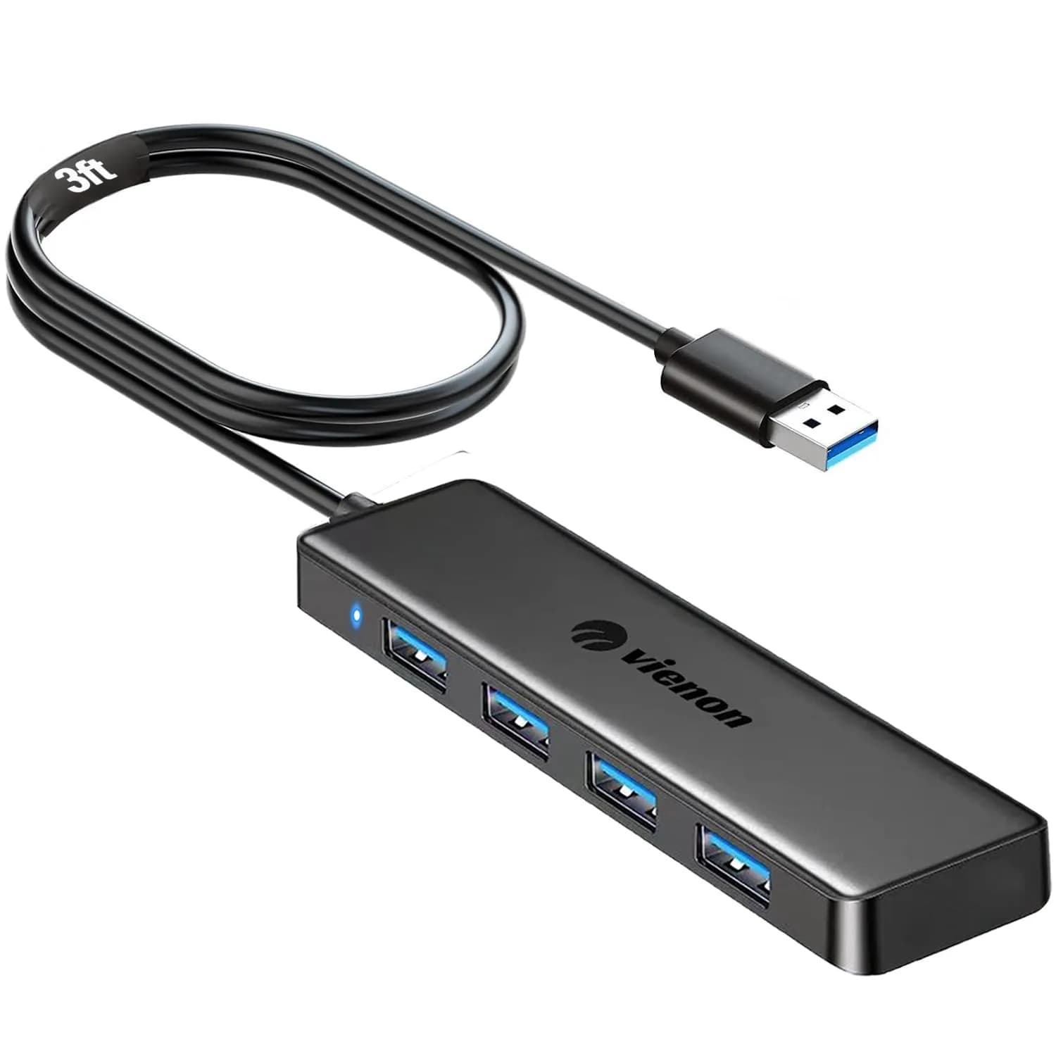 VIENON USB 3.0 Hub 4-Port 5Gbps | 12.7 cm (0.5 in) Slim Body, Plug & Play — 3FT / USB Hub