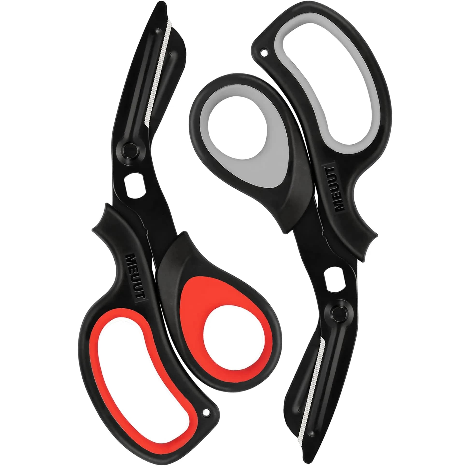 MEUUT Medical Trauma Shears 7.8" (19.8 cm) - 2-Pack | Sharp, Serrated, Non-Stick Blades with Oxygen Wrench — Black/Grey+black/Red