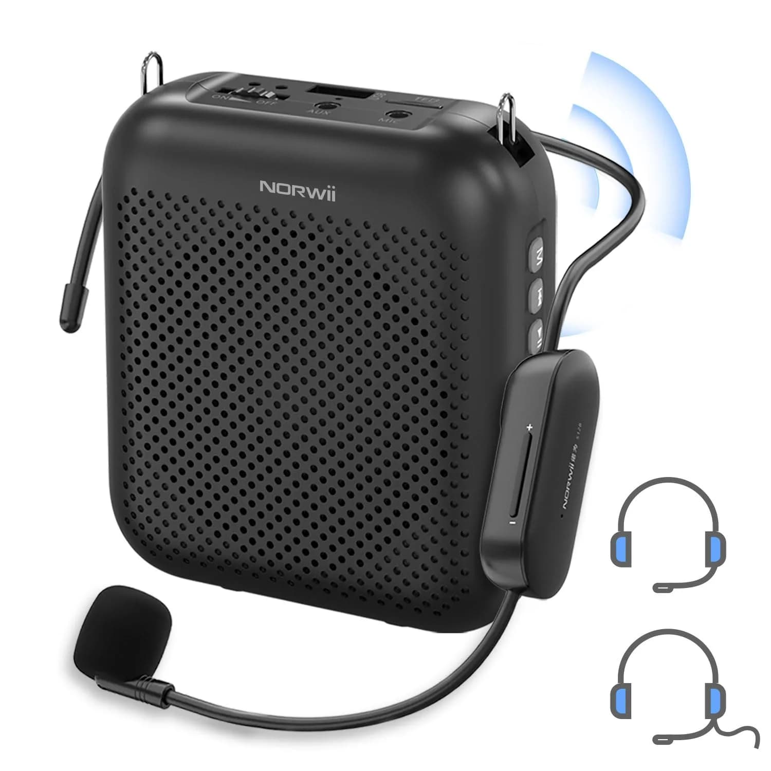 Norwii Portable Wireless Voice Amplifier with Bluetooth Speaker & 2 Microphones (10W, Black) | 1000 m² Coverage — Black - 10W