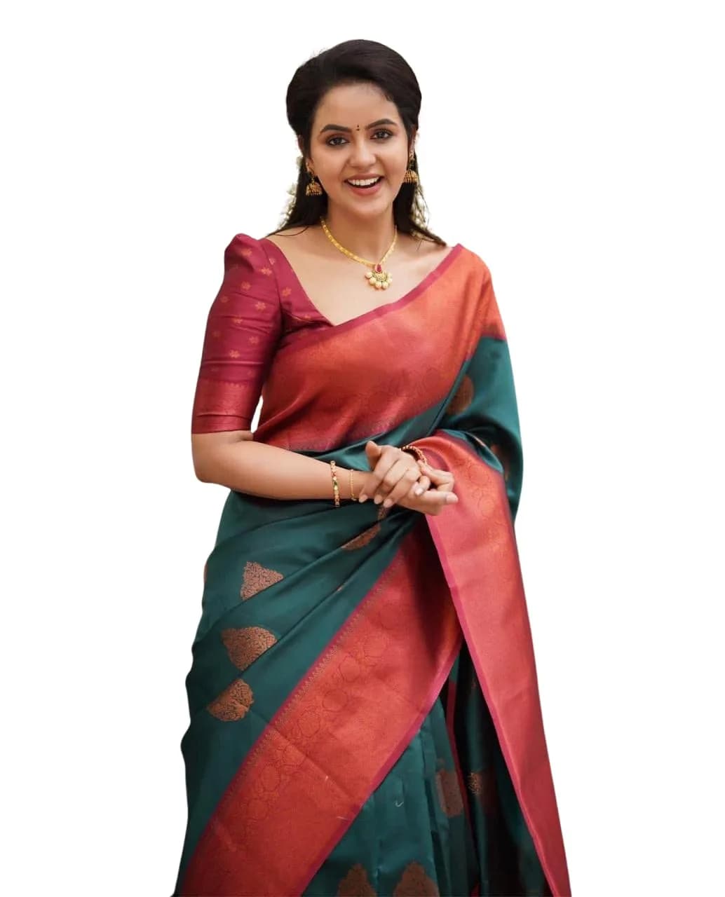 SGF11 Kanjivaram Soft Lichi Silk Saree with Blouse Piece, Rama Green, 457 cm (180 inches) - main product image
