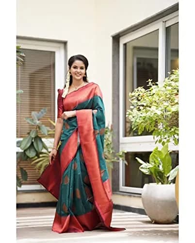 SGF11 Kanjivaram Soft Lichi Silk Saree with Blouse Piece, Rama Green, 457 cm (180 inches) thumbnail 4