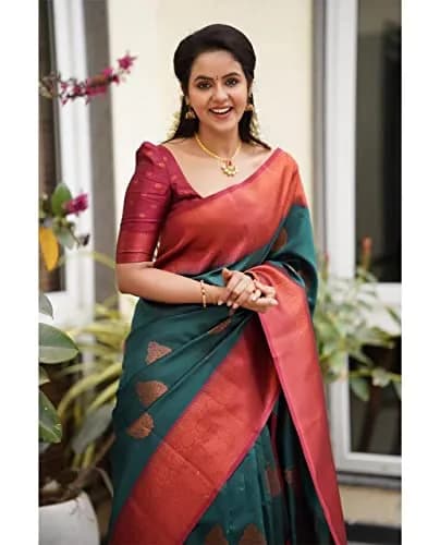SGF11 Kanjivaram Soft Lichi Silk Saree with Blouse Piece, Rama Green, 457 cm (180 inches) thumbnail 2