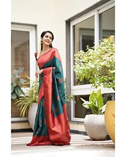 SGF11 Kanjivaram Soft Lichi Silk Saree with Blouse Piece, Rama Green, 457 cm (180 inches) thumbnail 3