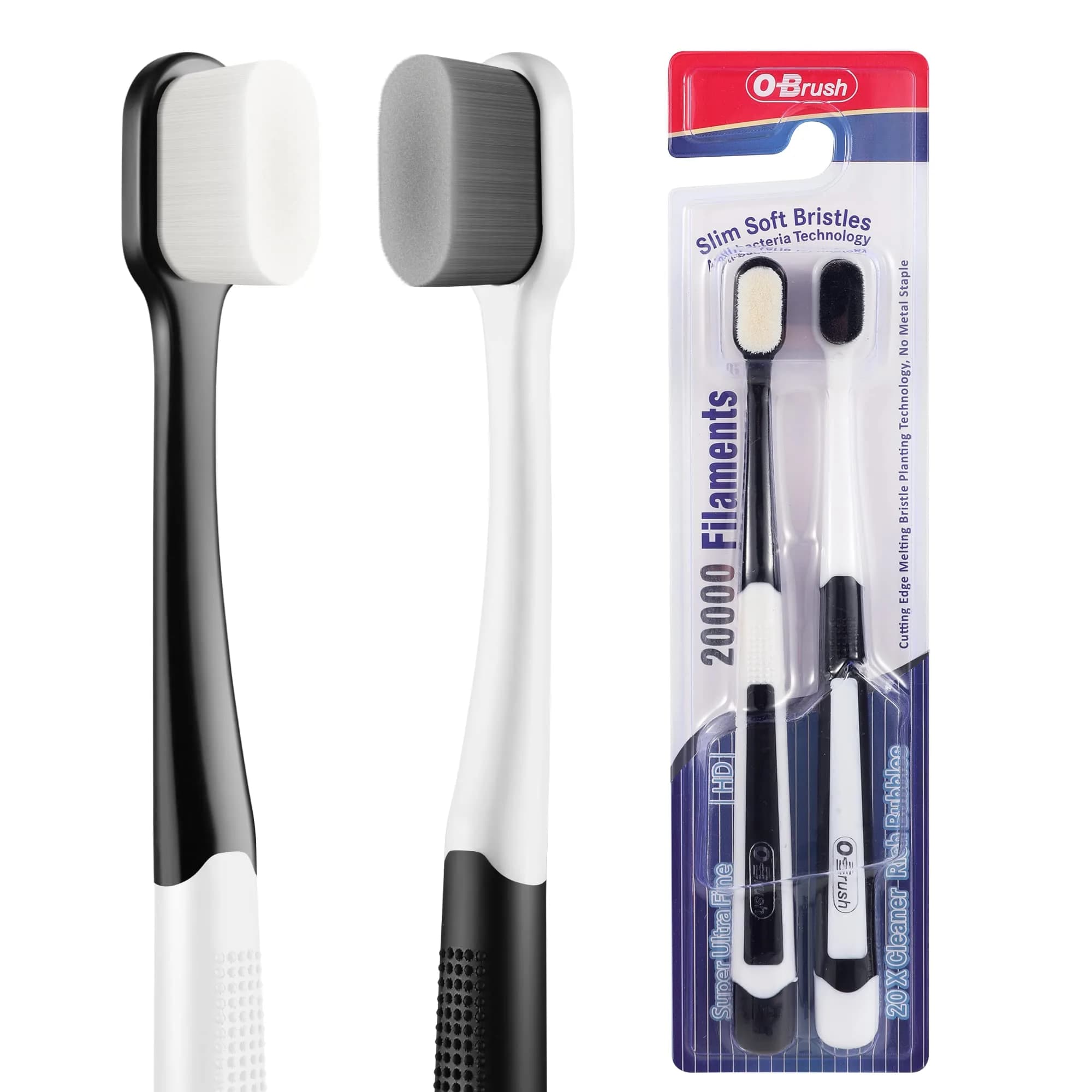OB rush Ultra Soft Toothbrush for Sensitive Gums | 20k Nano Floss Bristles, 2 Pack, Black & White — Black White