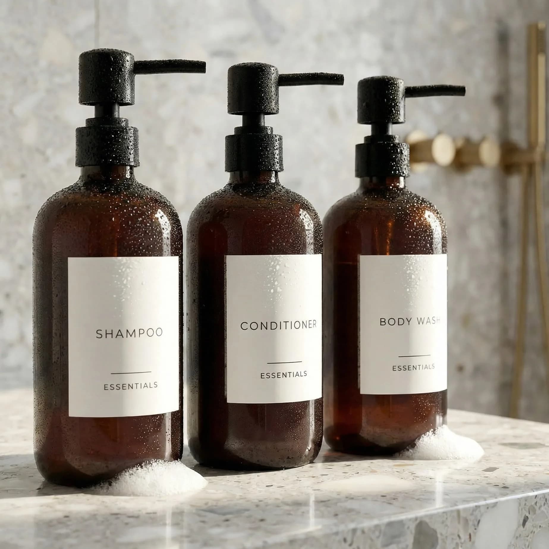 KIBAGA Stylish Shampoo & Conditioner Dispenser Set of 3-600ml | Elegant Bathroom Organizer with Refillable Bottles — Brown