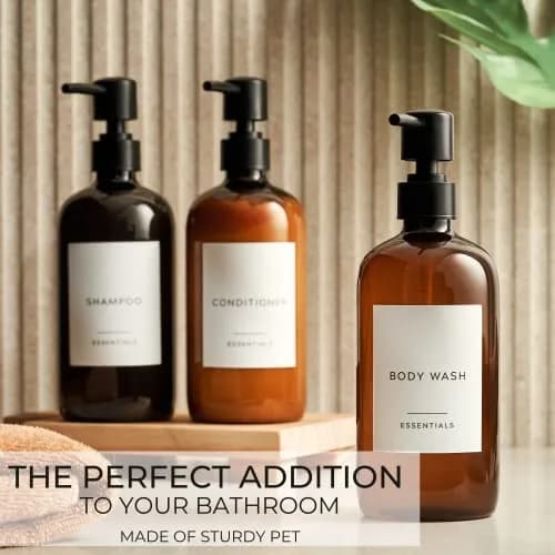 KIBAGA Stylish Shampoo & Conditioner Dispenser Set of 3-600ml | Elegant Bathroom Organizer with Refillable Bottles thumbnail 4