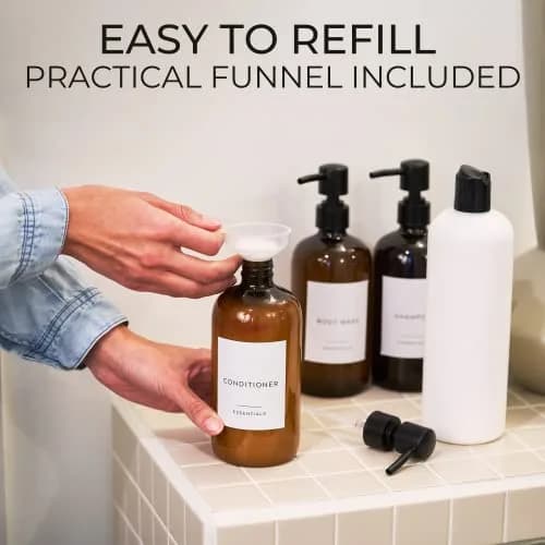 KIBAGA Stylish Shampoo & Conditioner Dispenser Set of 3-600ml | Elegant Bathroom Organizer with Refillable Bottles thumbnail 5