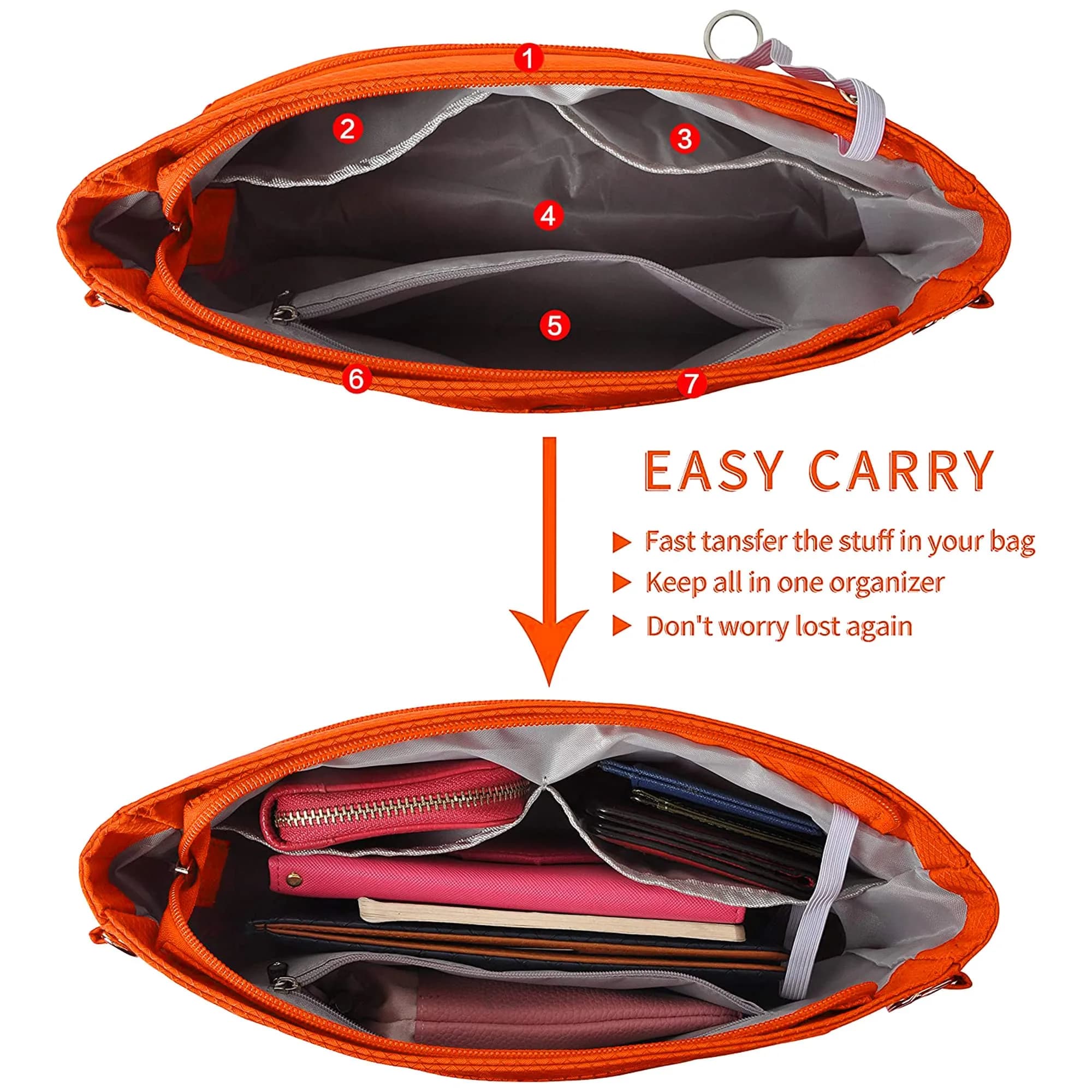 Vercord Expandable Nylon Handbag Purse Organizer Insert Liner Shaper Bag in Bag - Vibrant Orange, Large - view 3