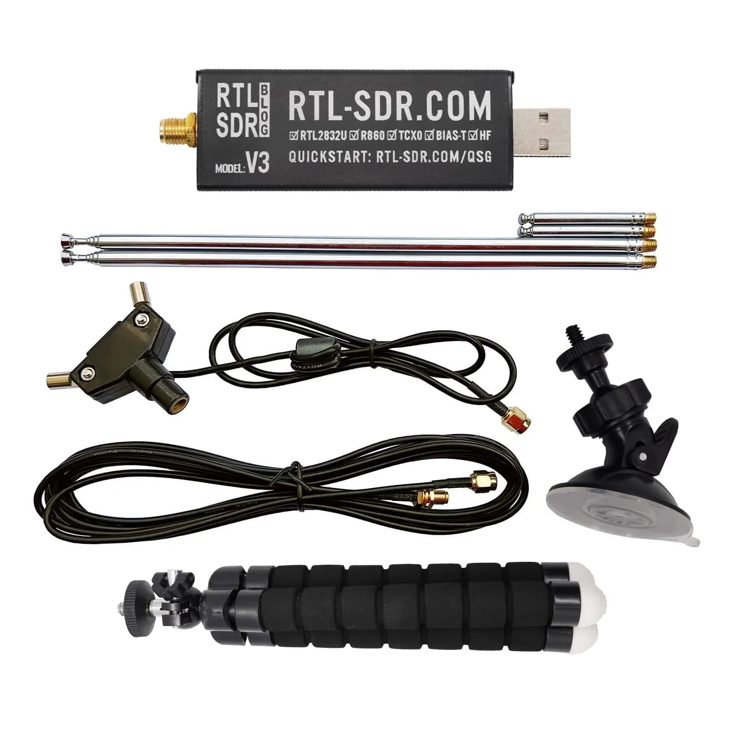 RTL-SDR Blog V3 Software Defined Radio Receiver with Dipole Antenna Kit | 500 kHz - 1.7 GHz Tuning Range — Black