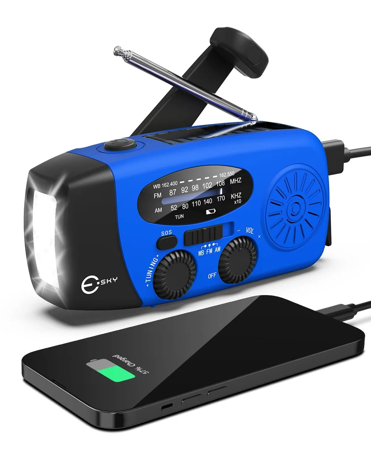 Esky Emergency Hand Crank Radio with 3 LED Flashlight, AM/FM/NOAA Portable Weather Radio 255g (9oz) | Survival Tool for Indoor Outdoor Camping — Blue