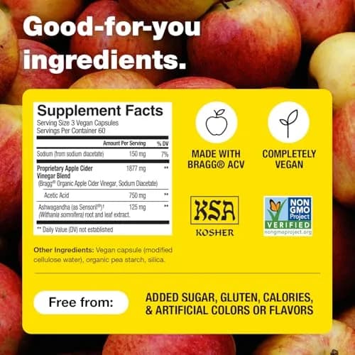 BRAGG Balance Apple Cider Vinegar Capsules with Ashwagandha - 90 Capsules | Supports Energy & Stress Relief thumbnail 4