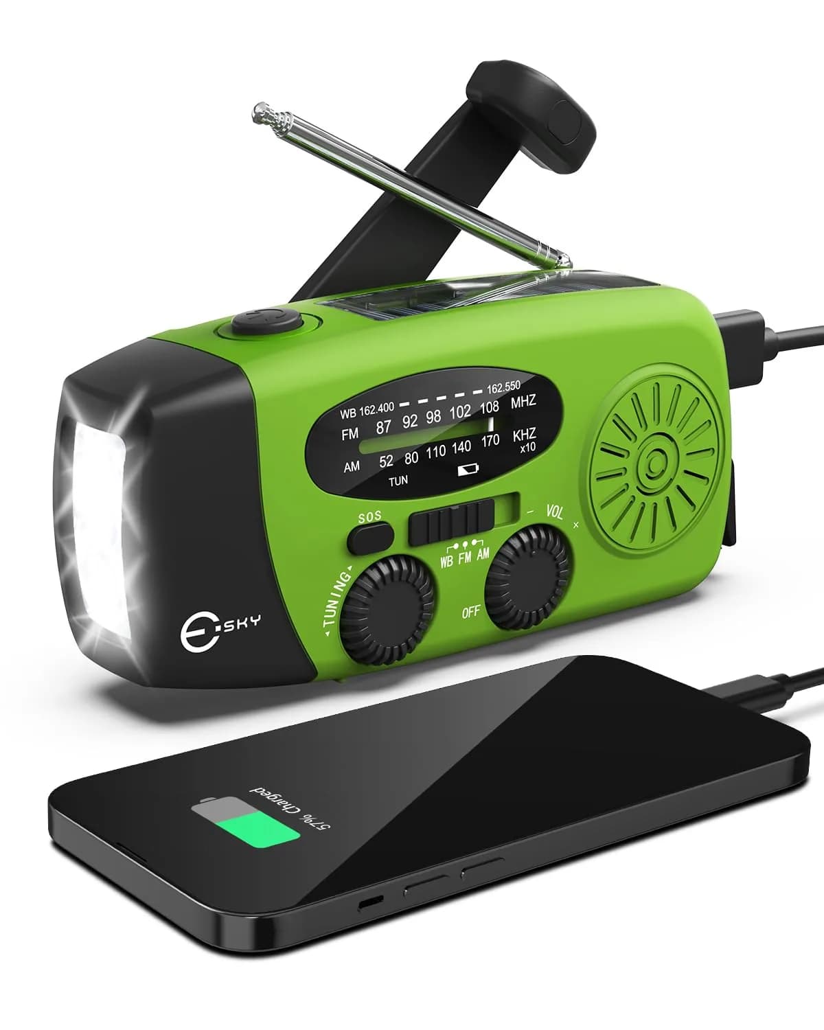 Esky Emergency Hand Crank Radio Green 250g (8.8 oz) | AM/FM/NOAA Weather Alerts with SOS Alarm