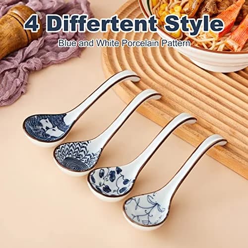 Hoilse Ceramic Asian Soup Spoons Set of 4 | Elegant Blue & White Porcelain for Ramen, Pho, Dumplings thumbnail 4