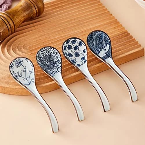 Hoilse Ceramic Asian Soup Spoons Set of 4 | Elegant Blue & White Porcelain for Ramen, Pho, Dumplings thumbnail 7