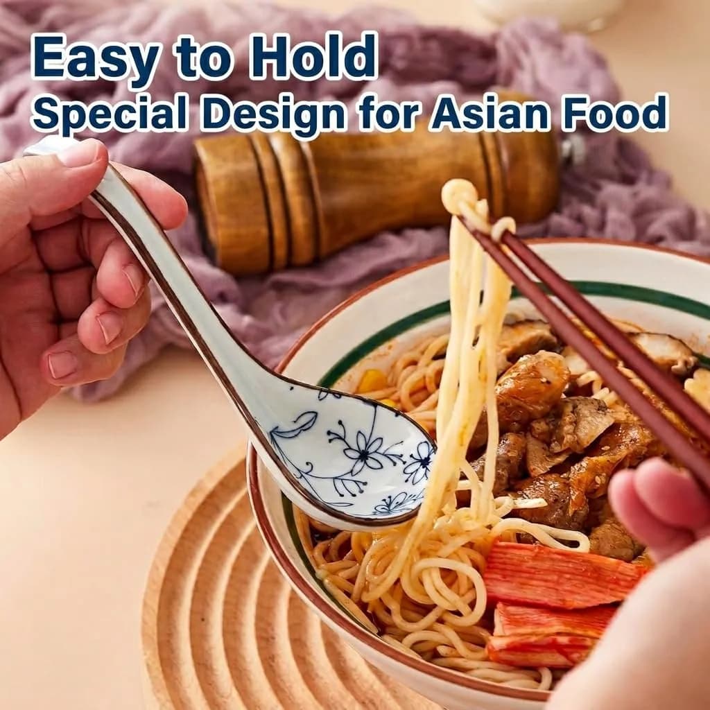 Hoilse Ceramic Asian Soup Spoons Set of 4 | Elegant Blue & White Porcelain for Ramen, Pho, Dumplings - view 2