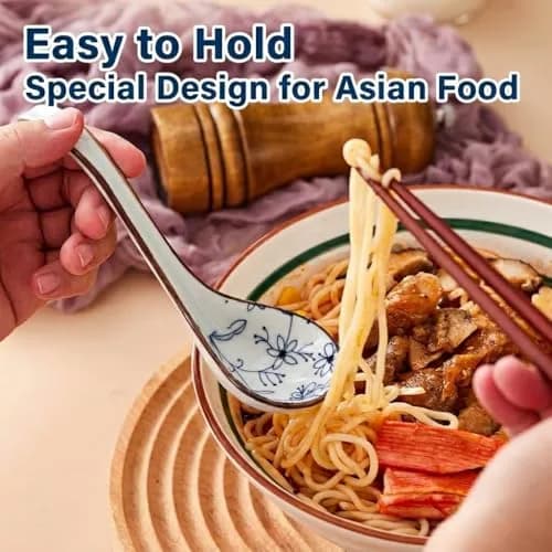 Hoilse Ceramic Asian Soup Spoons Set of 4 | Elegant Blue & White Porcelain for Ramen, Pho, Dumplings thumbnail 2
