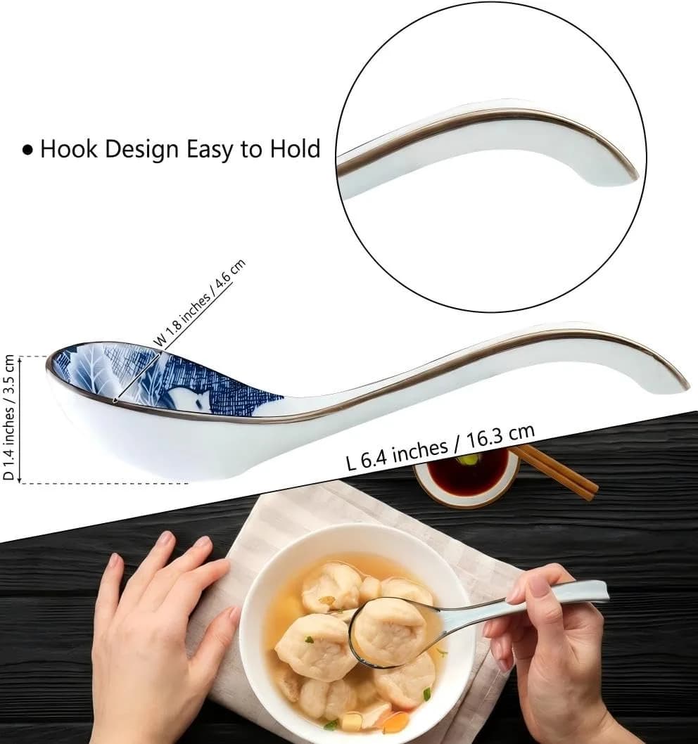 Hoilse Ceramic Asian Soup Spoons Set of 4 | Elegant Blue & White Porcelain for Ramen, Pho, Dumplings - view 3