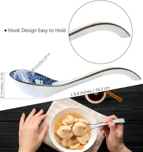 Hoilse Ceramic Asian Soup Spoons Set of 4 | Elegant Blue & White Porcelain for Ramen, Pho, Dumplings thumbnail 3