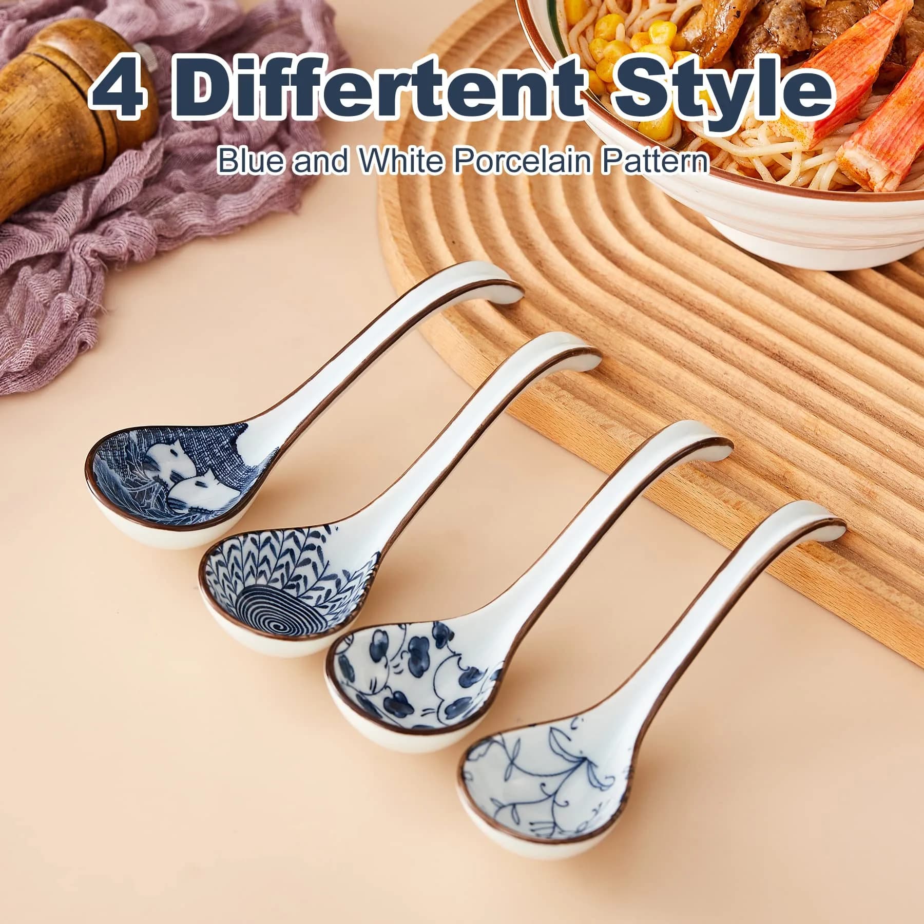 Hoilse Ceramic Asian Soup Spoons Set of 4 | Elegant Blue & White Porcelain for Ramen, Pho, Dumplings - view 4