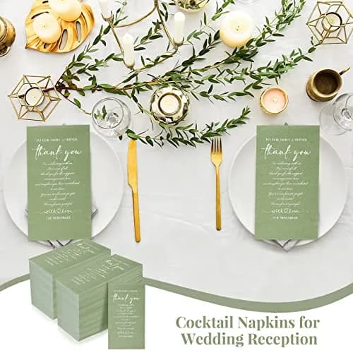Fumete Thank You Wedding Napkins 3 Ply Sage Green | Elegant Disposable Cocktail Napkins for Weddings & Events thumbnail 5