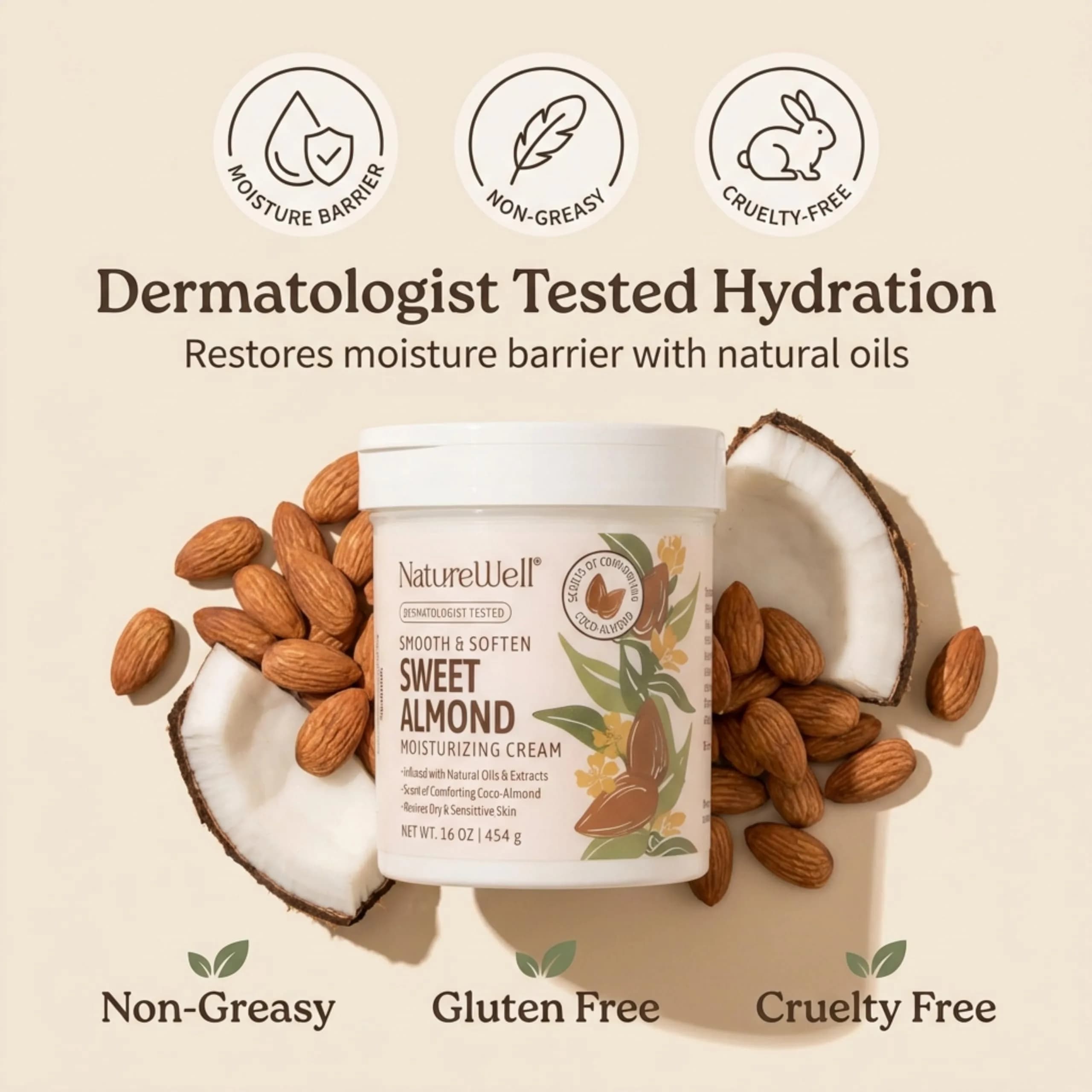 NATURE WELL Sweet Almond Scent Body Cream 16 Oz | Hydrating Moisturizer for Dry, Sensitive Skin - view 2