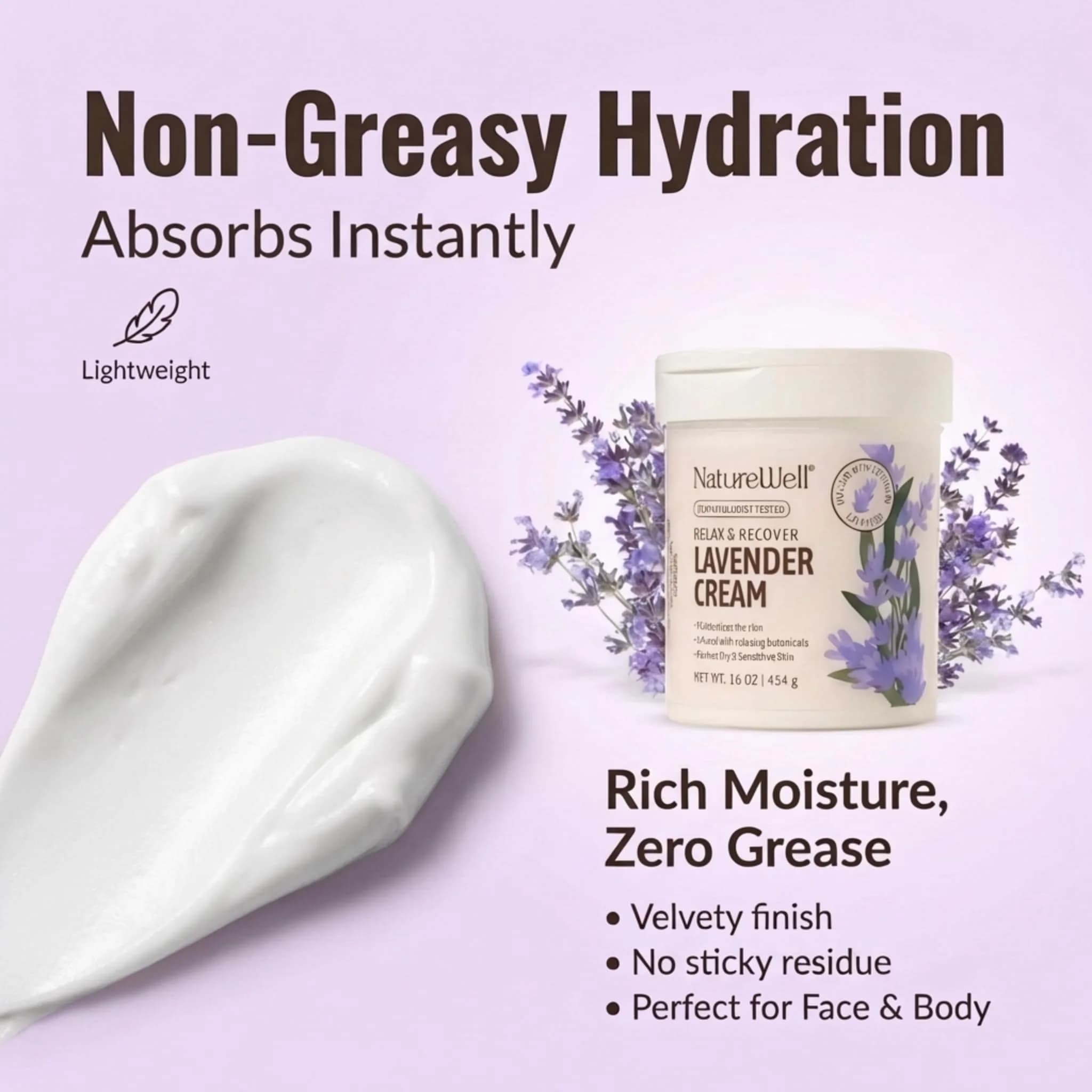 NATURE WELL Lavender Body Cream 473ml (16 Oz) | Dermatologist Tested for Dry & Sensitive Skin - view 3