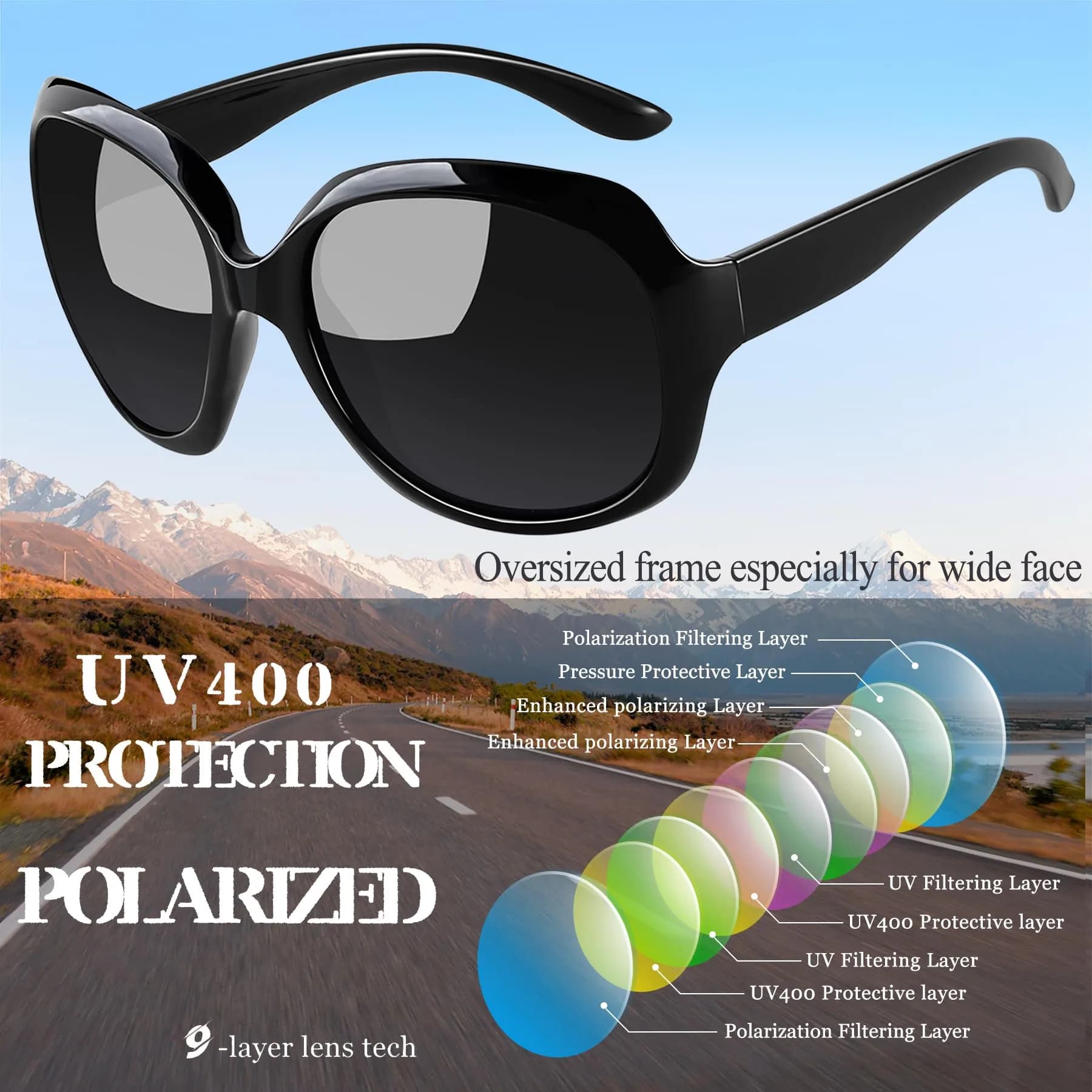 Joopin D02-Black + Tortoise/Brown Oversized Butterfly Sunglasses for Women | Polarized UV400 Protection - view 4