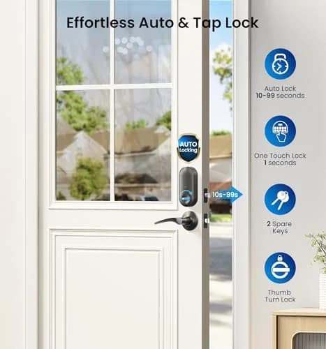 Veise RZ-C Keyless Entry Door Lock with 2 Lever Handles | Matte Black, Auto Lock & Anti-Peeping thumbnail 3