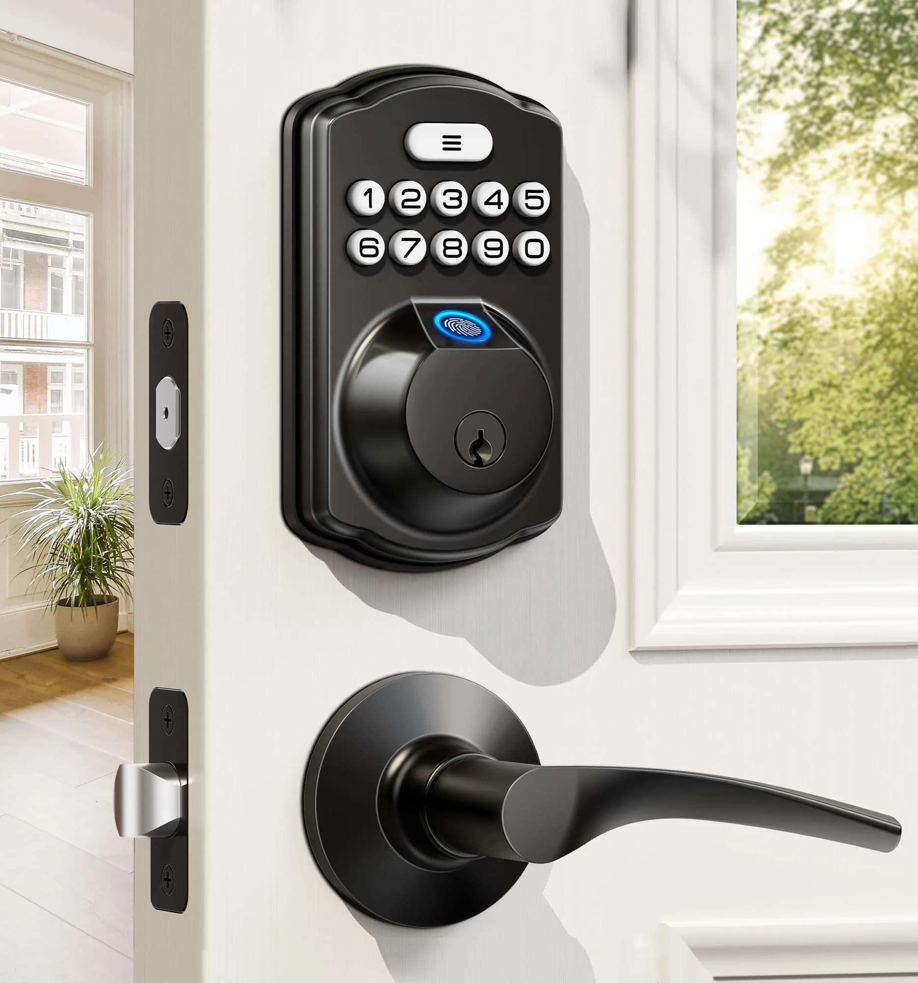 Veise KS02B Fingerprint Door Lock with 2 Lever Handles | Biometric, Keyless, Matte Black