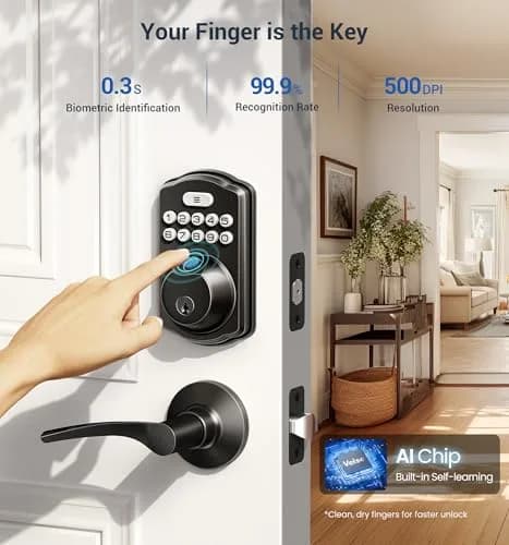 Veise KS02B Fingerprint Door Lock with 2 Lever Handles | Biometric, Keyless, Matte Black thumbnail 2