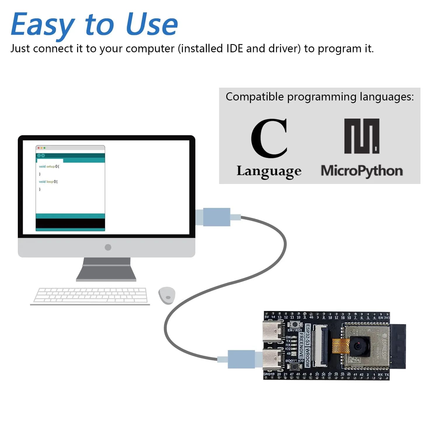 Freenove ESP32-S3 CAM Board with Camera & 1GB Memory Card | Dual-Core 240MHz Microcontroller, Wi-Fi, Bluetooth 5, Python C Code - view 2