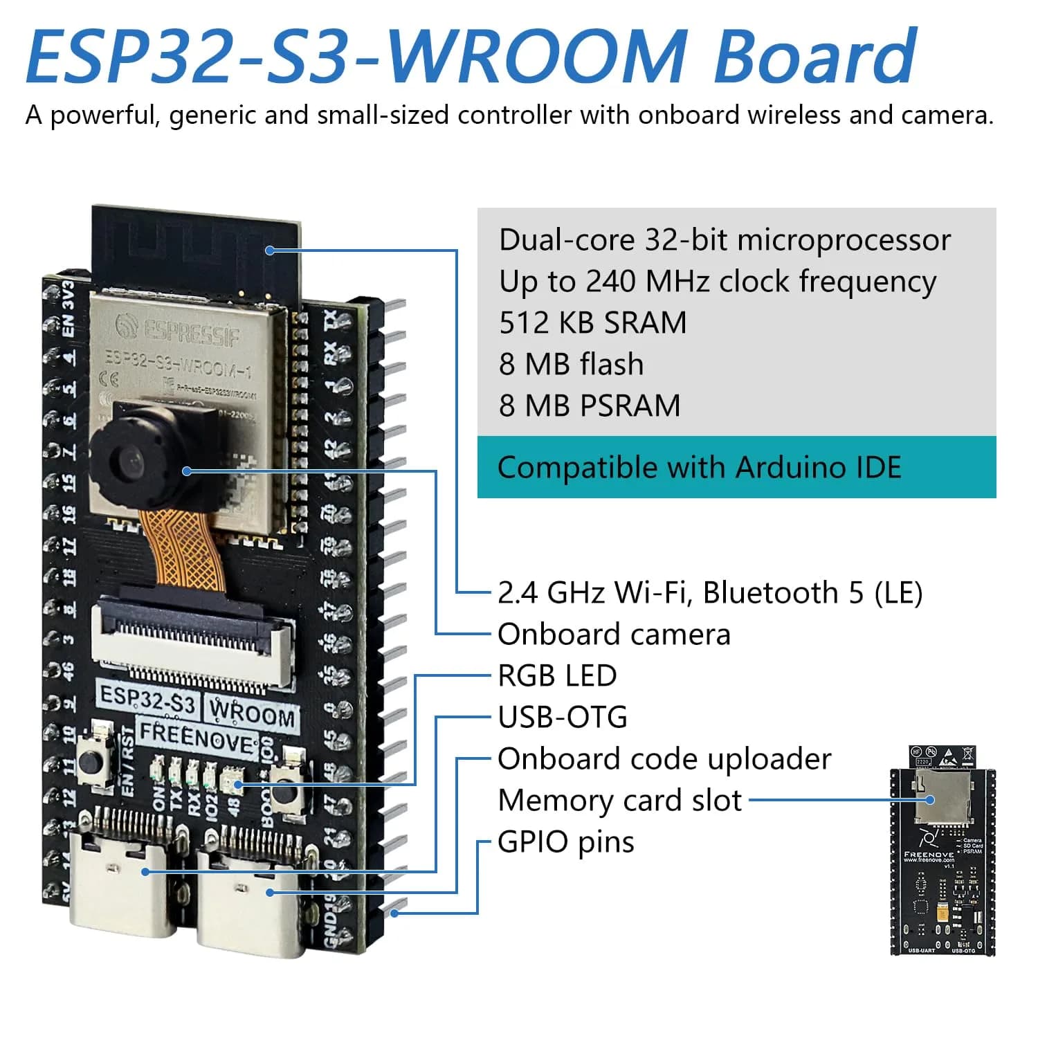Freenove ESP32-S3 CAM Board with Camera & 1GB Memory Card | Dual-Core 240MHz Microcontroller, Wi-Fi, Bluetooth 5, Python C Code - view 3