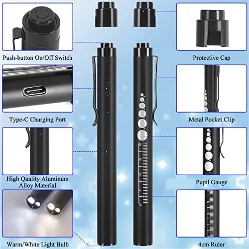 CAVN Rechargeable Pen Light with Pupil Gauge & Ruler | Black 10cm (3.9in) thumbnail 2