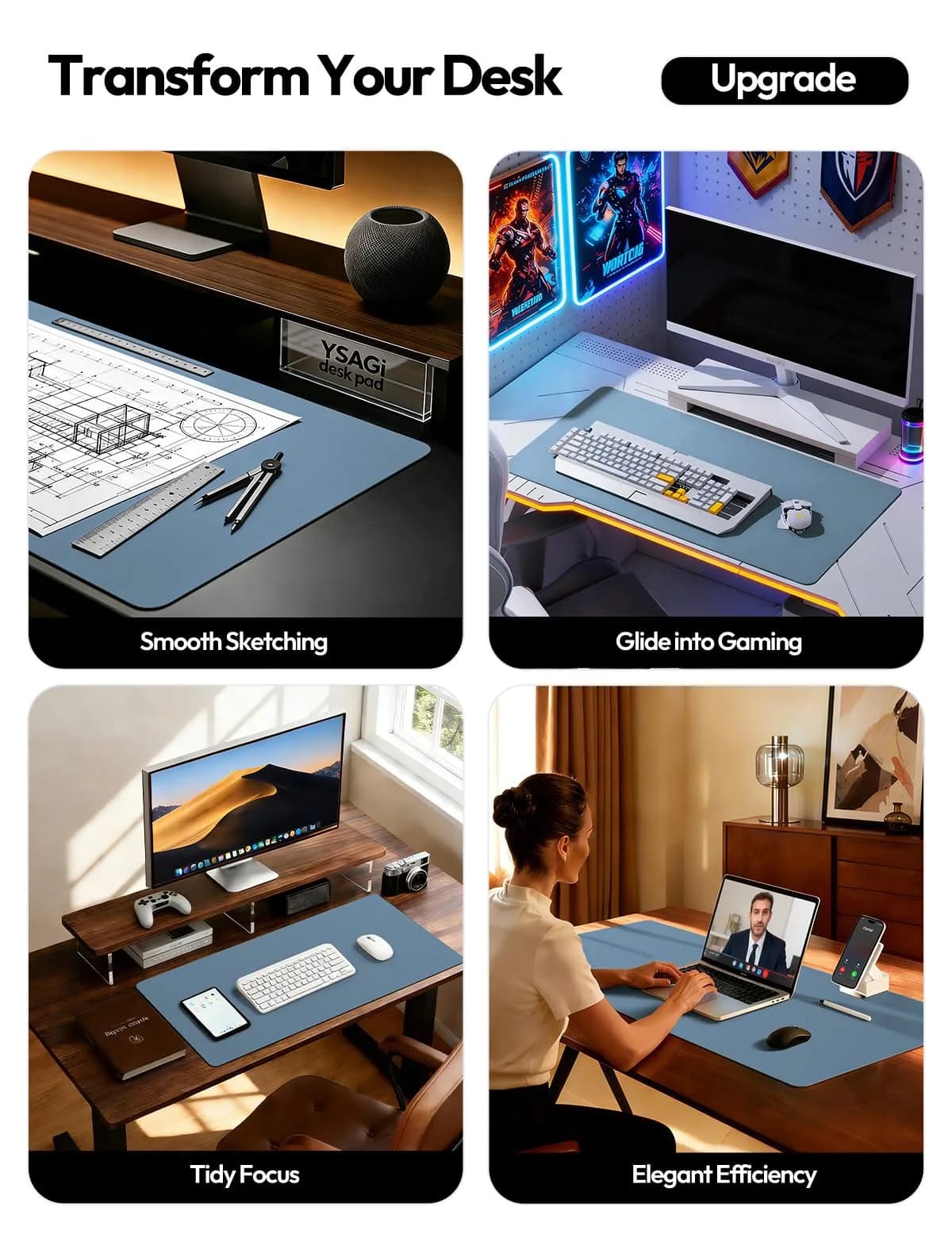 YSAGi Blue Desk Protector Mat Large Mouse Pad with Non-Slip PU Leather, Waterproof Writing Pad (23.6" x 13.8") - view 2
