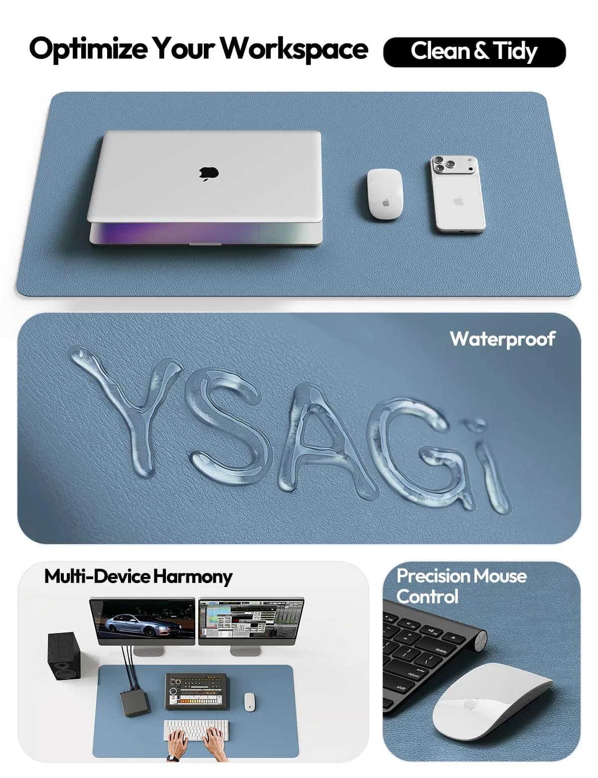 YSAGi Blue Desk Protector Mat Large Mouse Pad with Non-Slip PU Leather, Waterproof Writing Pad (23.6" x 13.8") - view 8