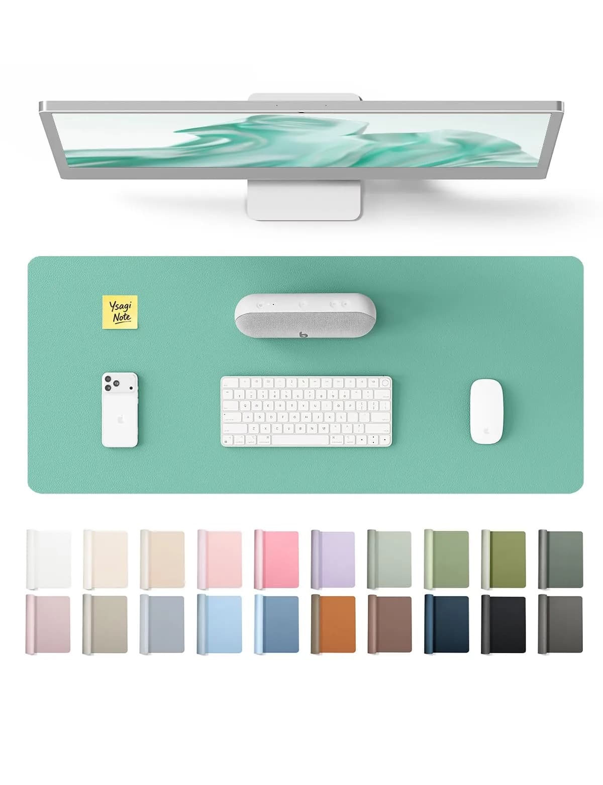 YSAGi Dark Grey Leather Desk Protector, Large Mouse Mat, 42" x 17.2" | Protects Your Desk from Scratches, Stains, and Spills — Green-blue / 23.6" x 13.8"