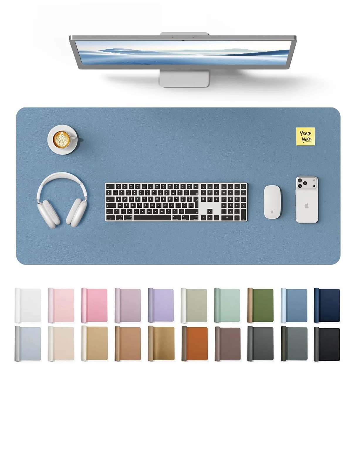 YSAGi Dark Grey Leather Desk Protector, Large Mouse Mat, 42" x 17.2" | Protects Your Desk from Scratches, Stains, and Spills — Blue / 31.5" x 15.8"