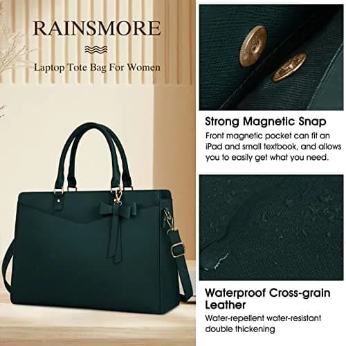 RAINSMORE Dark Green Handbag for Women 15.6 Inch Laptop Tote Bag | Waterproof Business Work Briefcase thumbnail 4