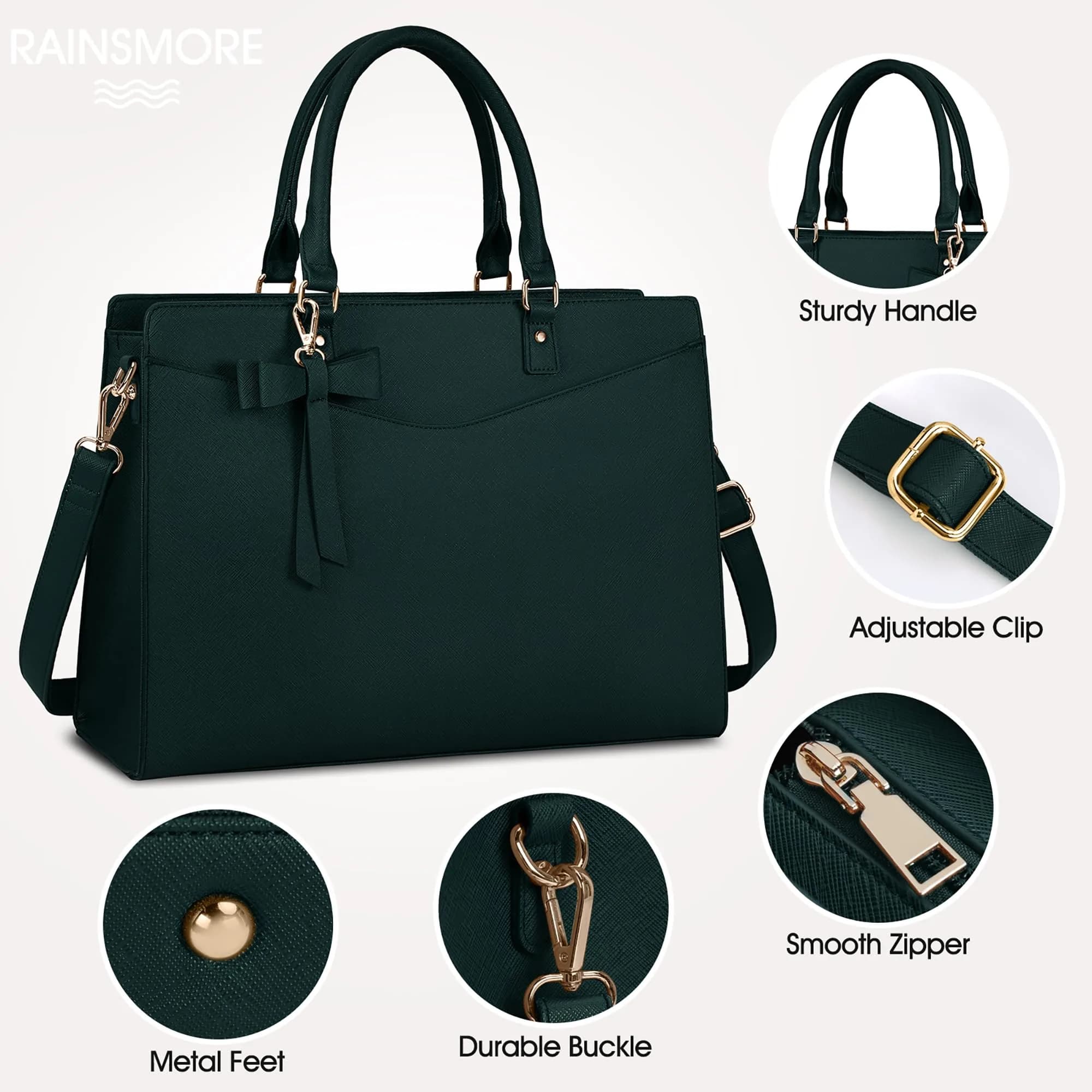 RAINSMORE Dark Green Handbag for Women 15.6 Inch Laptop Tote Bag | Waterproof Business Work Briefcase - view 5